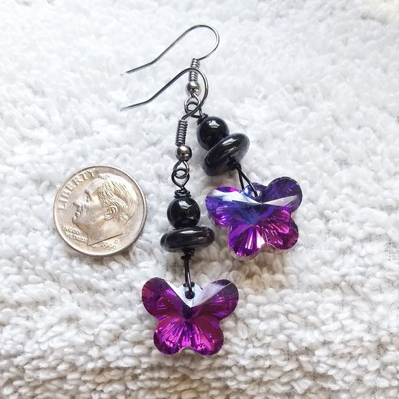 Hand Crafted Jewelry - Pink Orchid Purple Butterfly Glam Goth Earrings